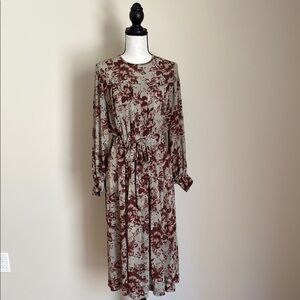 Vintage 80s St DARC Floral Print Long Sleeve Pleat Dress Tie Waist Size 8 M